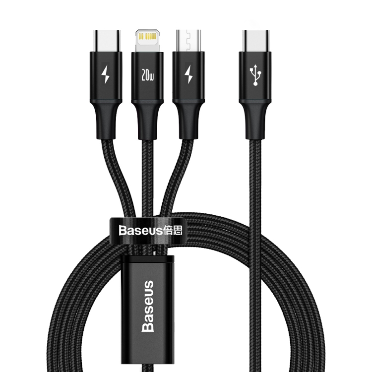 

Baseus Rapid Series 20W 3 In 1 USB-C / Type-C to 8Pin + Micro USB + USB-C / Type-C Fast Charging Data Cable, Length: 1.5m(Black)