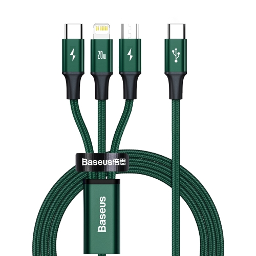 

Baseus Rapid Series 20W 3 In 1 USB-C / Type-C to 8Pin + Micro USB + USB-C / Type-C Fast Charging Data Cable, Length: 1.5m(Green)