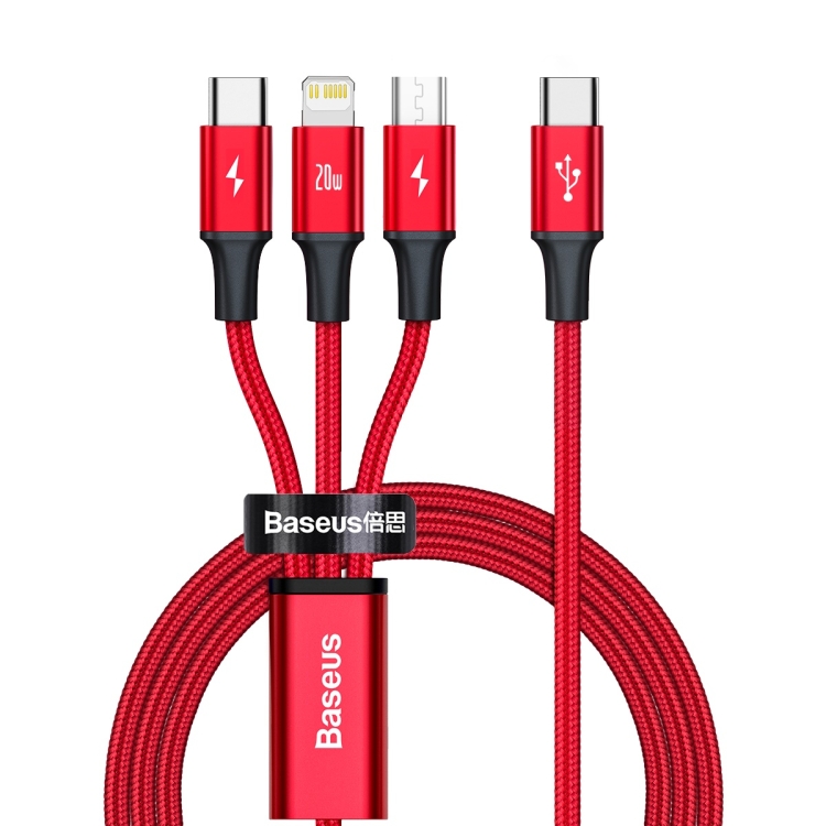 

Baseus Rapid Series 20W 3 In 1 USB-C / Type-C to 8Pin + Micro USB + USB-C / Type-C Fast Charging Data Cable, Length: 1.5m(Red)