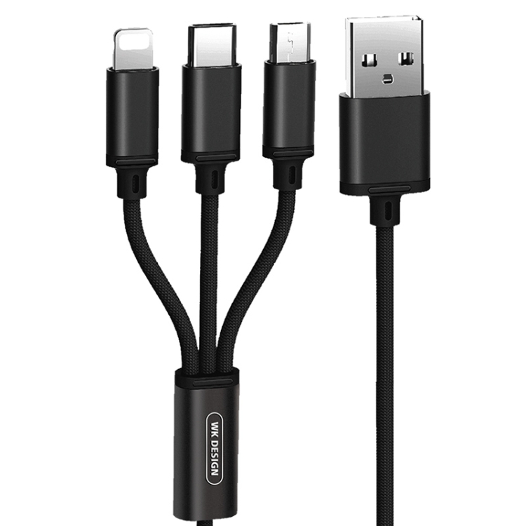 

WK WDC-091 2.8A 3 In 1 8 Pin + Micro USB + Type-C / USB-C Aluminum Slloy Charging Data Cable, Length: 1.15m (Black)