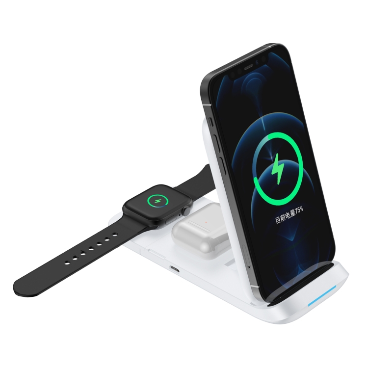 

V8 3 in 1 Folding Portable Mobile Phone Watch Multi-Function Charging Stand Wireless Charger for iPhones & Apple Watch & Airpods (White)