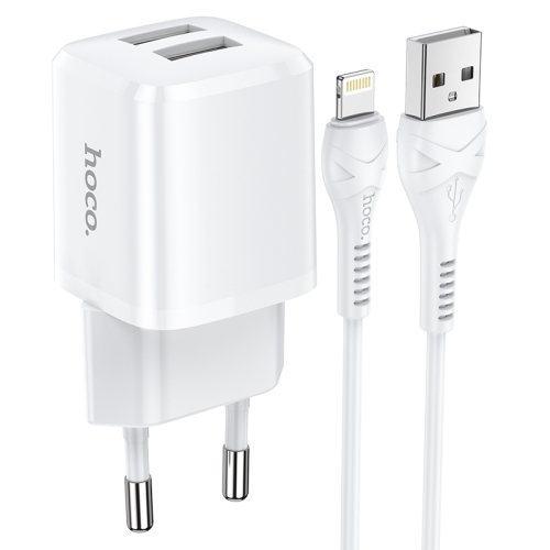 

hoco N8 Briar Dual-USB Ports Charger Adapter + 8 Pin Data Cable Set, EU Plug (White)