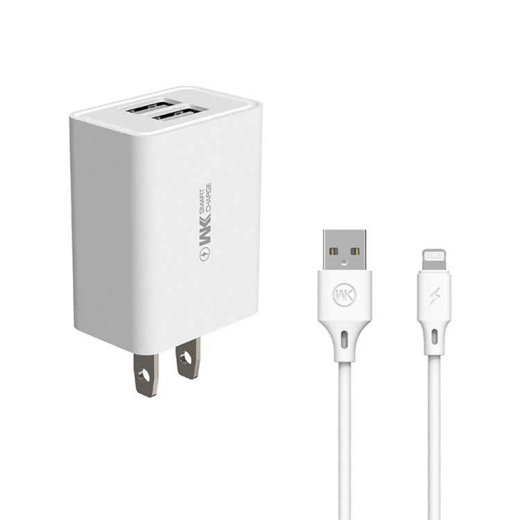 

WK WP-U56 2 in 1 2A Dual USB Travel Charger + USB to 8 Pin Data Cable Set, US Plug(White)