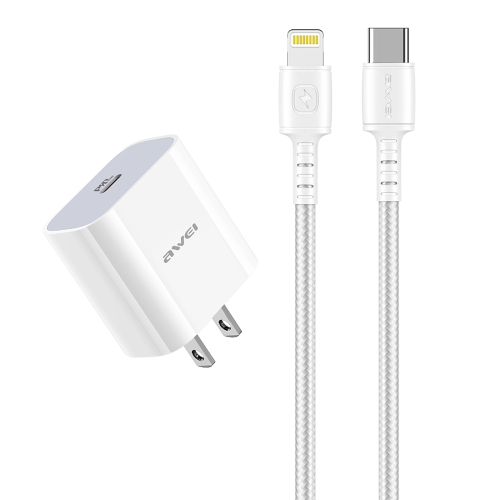 

awei PD5 PD 20W Fast Charging Travel Charger Power Adapter with Type-C / USB-C to 8 Pin Cable, US Plug(White)