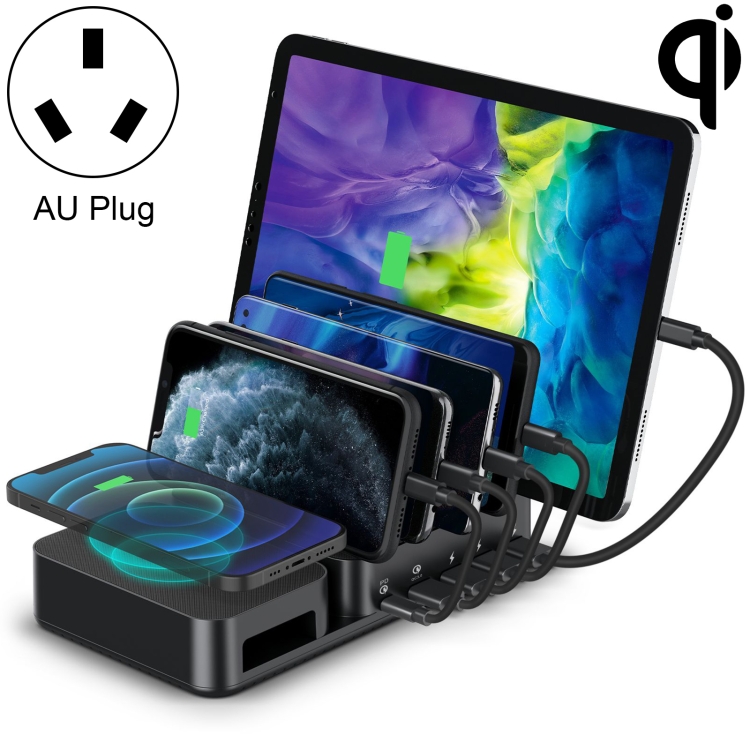 

PW020 72W Wireless Charger + PD USB-C / Type-C + QC 3.0 USB + 3 USB Ports Smart Charger with Detachable Bracket, AU Plug