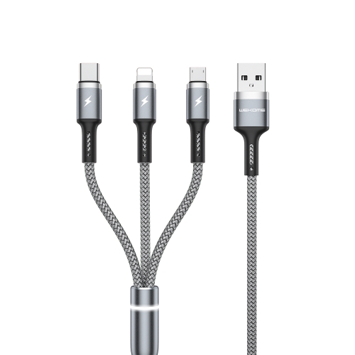 

WK WDC-1191.2m 2.4A 3 in 1 USB to 8Pin + Micro USB + USB-C / Type-C Fython Luminous Charging Cable(Silver)