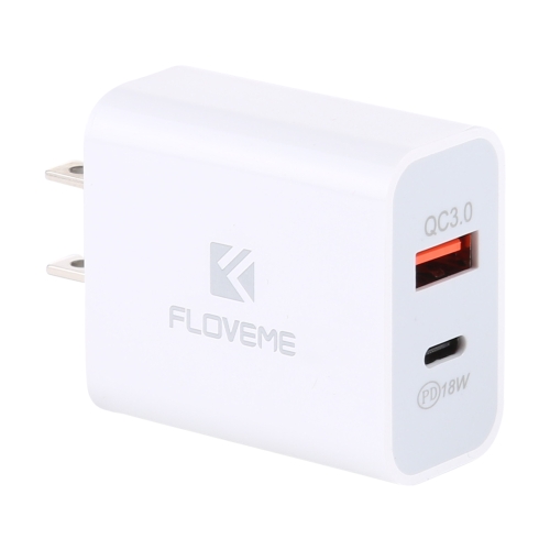 

FLOVEME 18W PD + QC 3.0 Dual USB Travel Fast Charger Power Adapter, US Plug