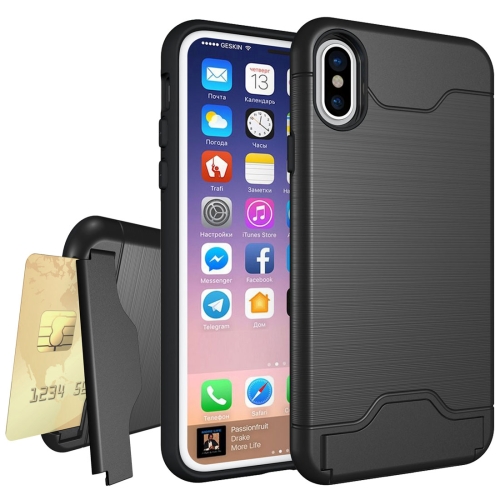 

For iPhone X / XS Brushed Texture Protective Back Cover Case with Holder & Card Slot(Black)