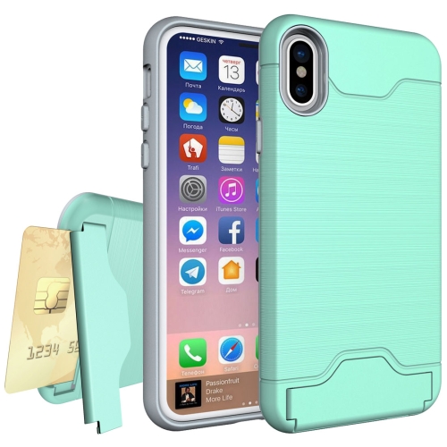 

For iPhone X / XS Brushed Texture Protective Back Cover Case with Holder & Card Slot(Green)