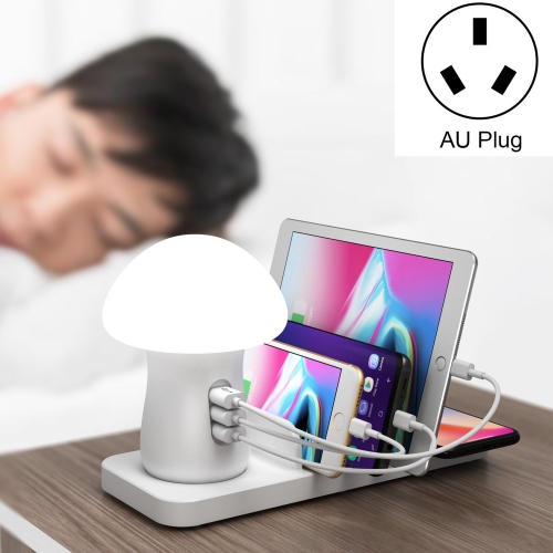 

HQ-UD12 Universal 4 in 1 40W QC3.0 3 USB Ports + Wireless Charger Mobile Phone Charging Station with Mushroom Shape LED Light, Length: 1.2m, AU Plug (White)