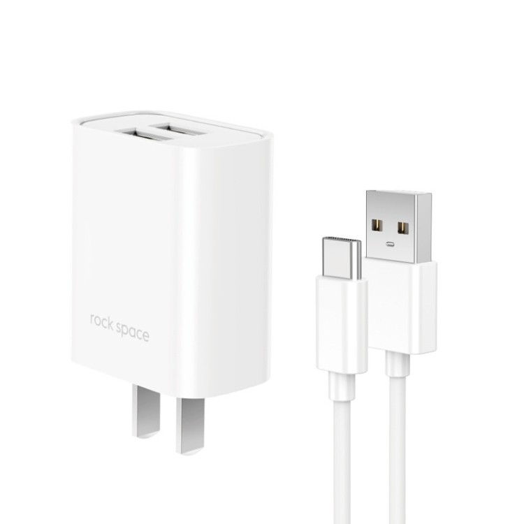 

ROCK Space T22 Pro 2.1A Dual USB Port Travel Charger + S08 USB to USB-C / Type-C Data Cable Set, CN Plug (White)