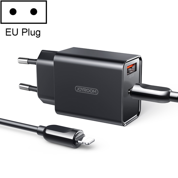 

JOYROOM L-QP183 Simple Series 18W Dual Ports Intelligent Travel Charger with 8 Pin Cable, Support QC3.0, EU Plug