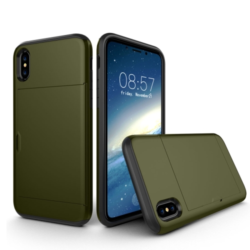 

For iPhone X / XS TPU + PC Dropproof Protective Back Cover Case with Card Slot(Army Green)