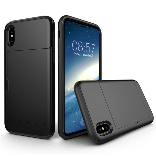 

For iPhone X / XS TPU + PC Dropproof Protective Back Cover Case with Card Slot(Black)