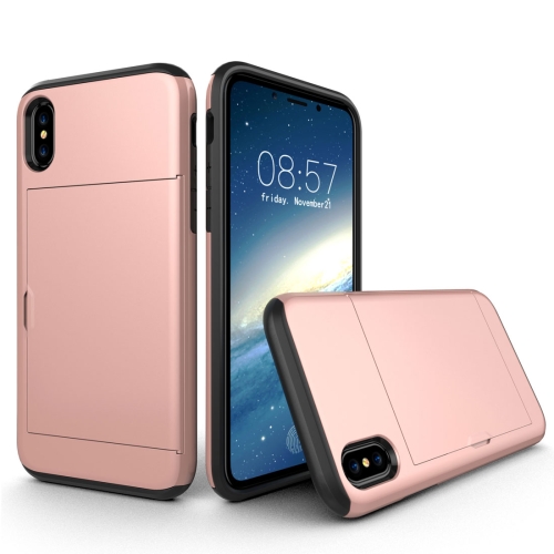 

For iPhone X / XS TPU + PC Dropproof Protective Back Cover Case with Card Slot(Rose Gold)