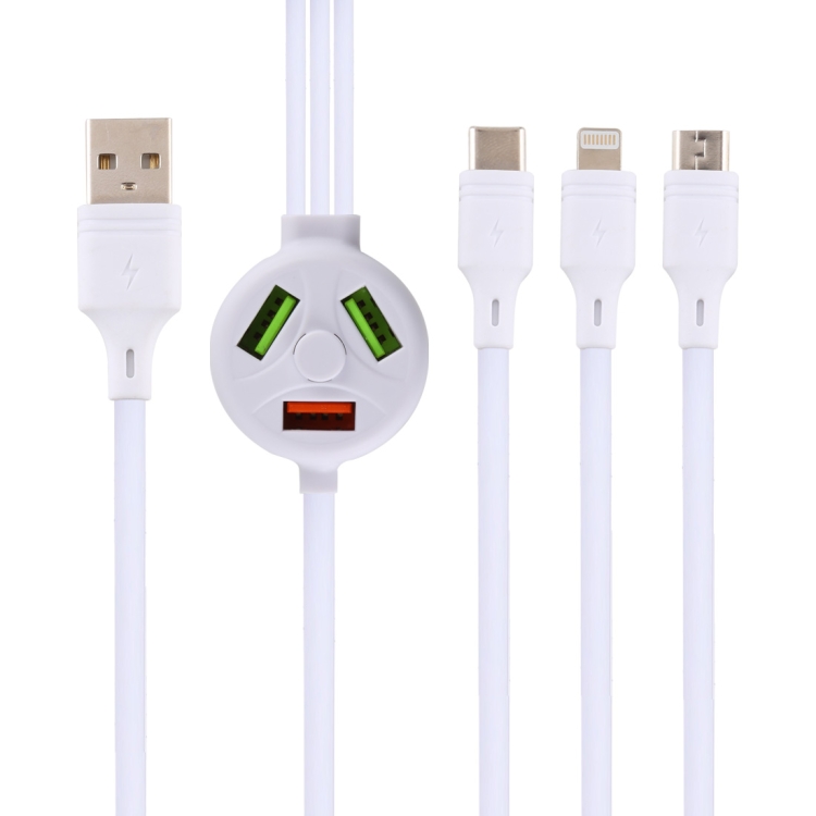 

2.4A USB Male to Micro USB + 8 Pin + USB-C / Type-C Male Interface Charge Data Cable with 3 USB Female Interface, Length: 1.2m(White)