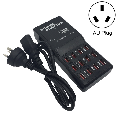 

W-858 12A 12 Ports USB Fast Charging Dock Desktop Smart Charger AC100-240V, AU Plug (Black)