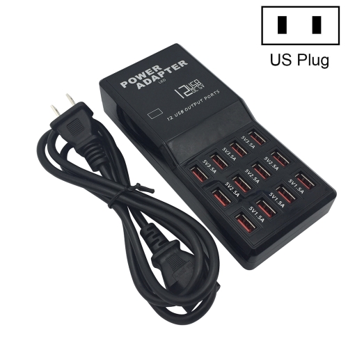 

W-858 12A 12 Ports USB Fast Charging Dock Desktop Smart Charger AC100-240V, US Plug (Black)