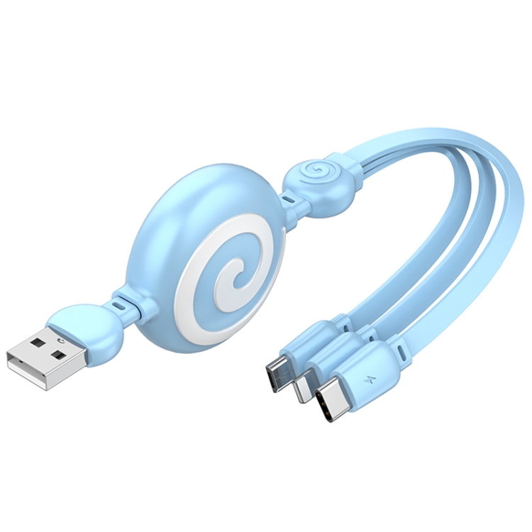 

SJX-CB04 5A USB to 8 Pin + USB-C / Type-C + Micro USB 3 in 1 Retractable Fast Charging Data Cable(Blue)