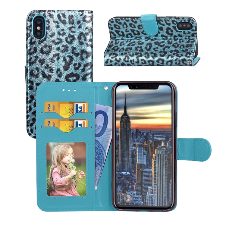 

For iPhone X / XS Leopard Pattern Horizontal Flip Leather Case with Holder & Card Slots & Wallet & Photo Frame & Lanyard(Blue)