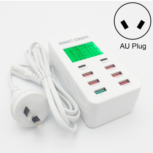 

A8T 40W 8 Ports USB + QC3.0 + USB-C / Type-C Smart Charging Station with Digital Display AC100-240V, AU Plug