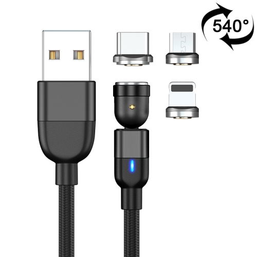 

1m 3A Output 3 in 1 USB to 8 Pin + USB-C / Type-C + Micro USB 540 Degree Rotating Magnetic Data Sync Charging Cable(Black)