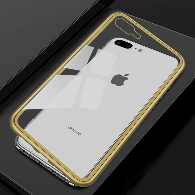 

Ultra Slim Magnetic Adsorption Metal Frame Tempered Glass Magnet Flip Case for iPhone 8 Plus & 7 Plus(Black + Gold)