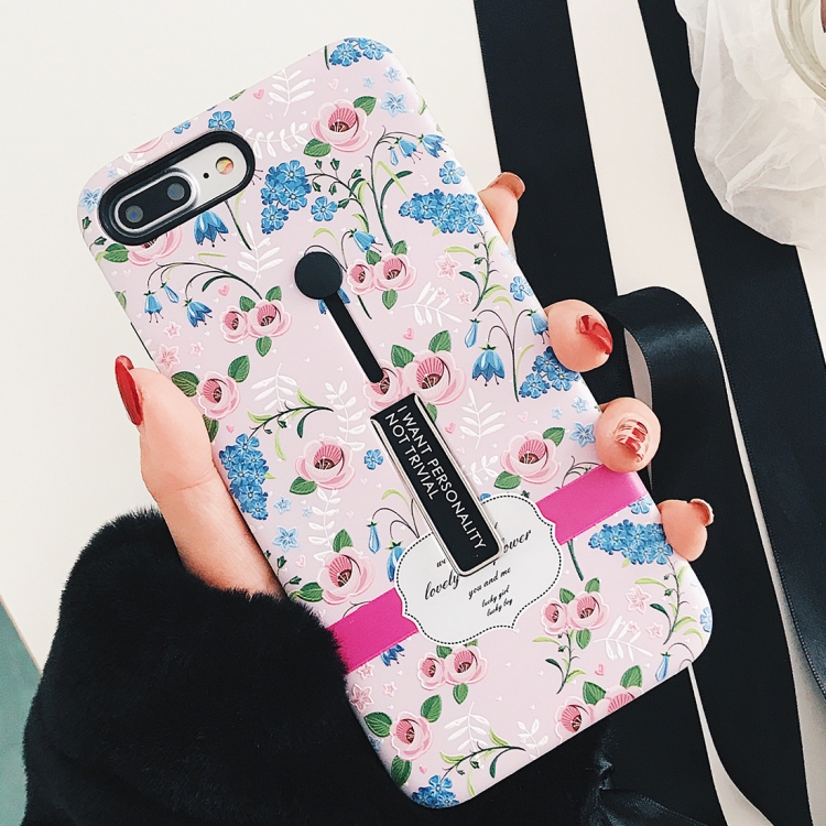 

For iPhone 8 Plus & 7 Plus Embossment Blue Flower Leaf Print Protective Back Case with Holder