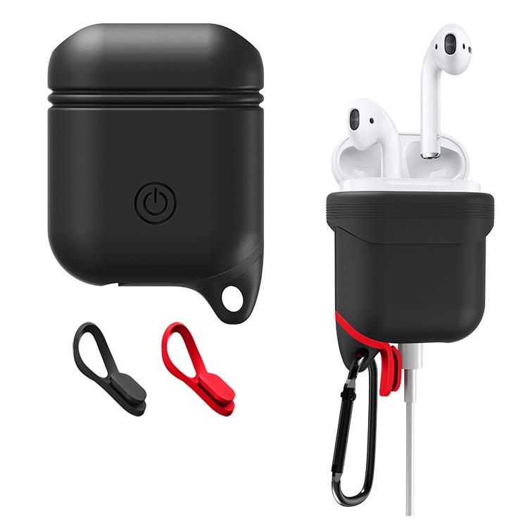 

Dropproof Soft Silicone Bluetooth Earphone Protective Cover Skin with Carabiner for Apple AirPods 1/2(Black)