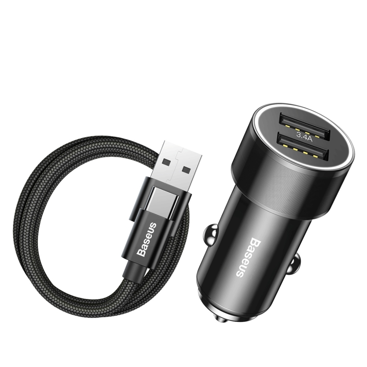 

Baseus 3.4A Dual USB Quick Car Charger with 1m 2A Type-C Braided Cable Set, For iPhone, Galaxy, Sony, Lenovo, HTC, Huawei, and other Smartphones