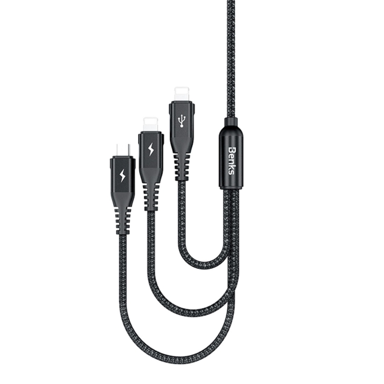 

Benks 1.5m 5V 3A Nylon Braided 3 in 1 Micro USB + Dual 8 Pin Fast Charging Cord Data Cable, For iPhone, Galaxy, Huawei, Xiaomi, LG, HTC and Other Smart Phones(Black)