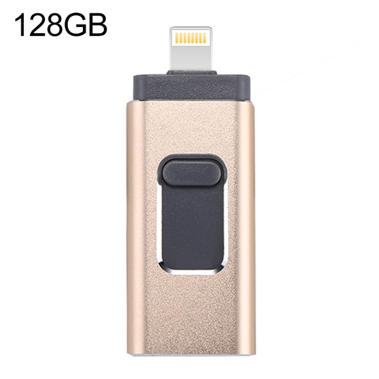 

RQW-01B 3 in 1 USB 2.0 & 8 Pin & Micro USB 128GB Flash Drive, for iPhone & iPad & iPod & Most Android Smartphones & PC Computer(Gold)