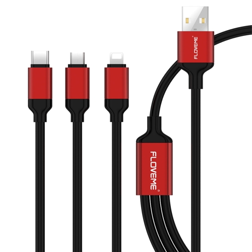 

FLOVEME 3 in 1 5V 2.1A Rubber USB Type C + 8 Pin + Micro USB Multi Fast Charging Cable, For iPhone/iPad, Samsung Android Smartphone(Red)