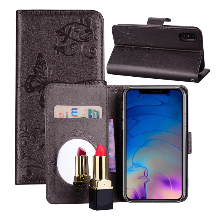 

Floral Butterfly Pattern Horizontal Flip Leather Case with Mirror & Card Slot & Holder & Wallet & Lanyard For iPhone X / XS (Silver Grey)