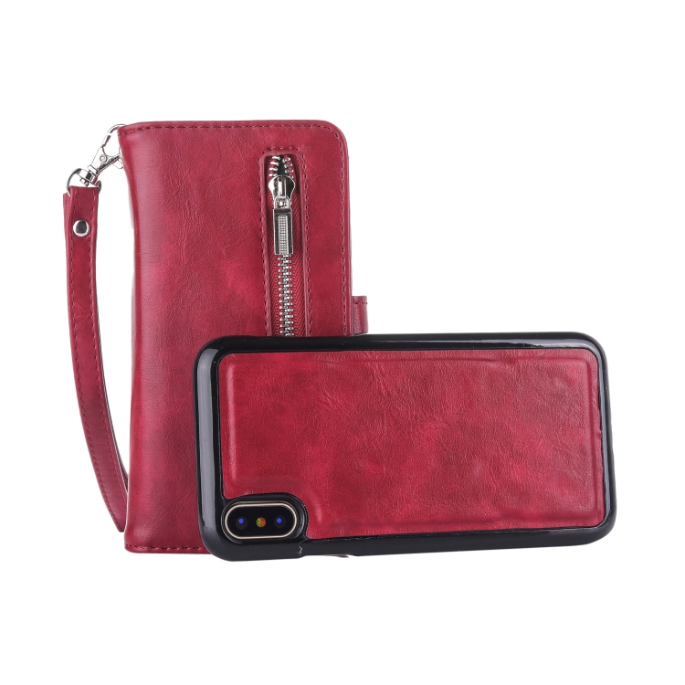 

2 in 1 Zipper Pattern PU+ TPU Leather Case with Card Slot & Wallet & Photo Frame For iPhone X / XS (Dark Red)