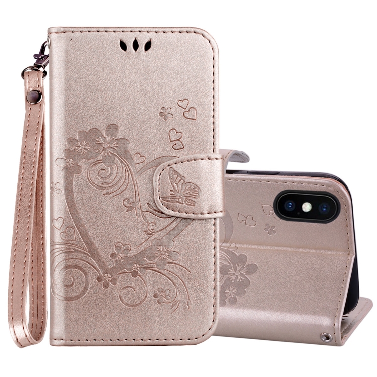 

Embossed Heart Butterfly Pattern Horizontal Flip Leather Case for iPhone XS Max, with Card Slot & Holder & Wallet & Lanyard(Gold)