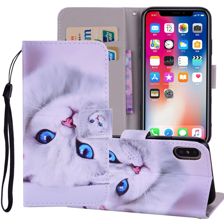 

White Cat Pattern Colored Drawing Horizontal Flip Leather Case for iPhone XS Max 6.5 inch, with Holder & Card Slots & Wallet & Lanyard
