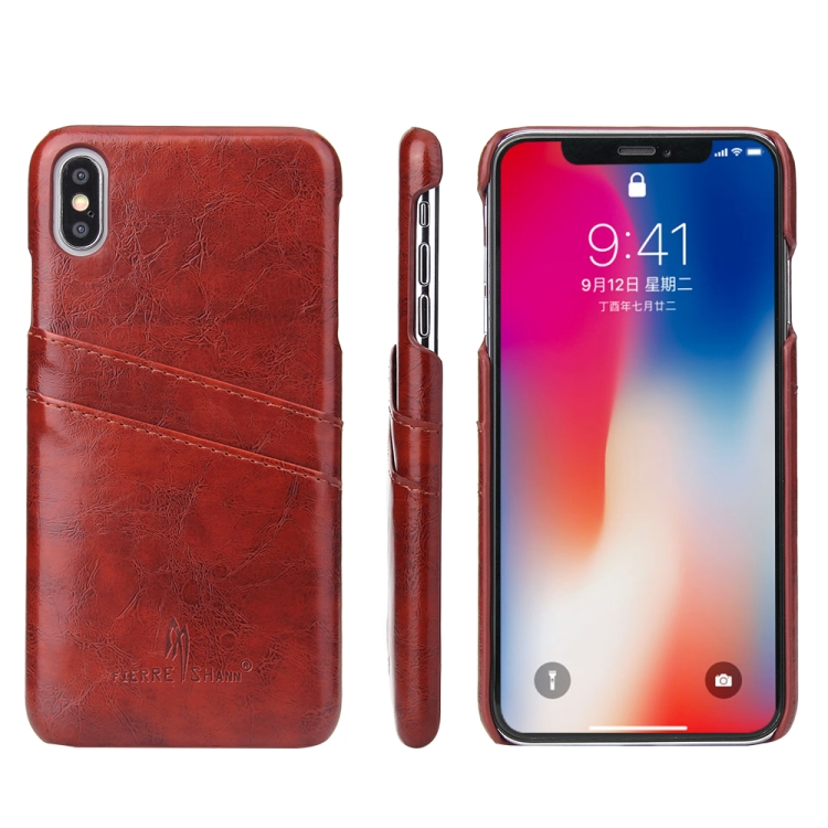 

Fierre Shann Retro Oil Wax Texture PU Leather Case for iPhone XS Max, with Card Slots(Brown)