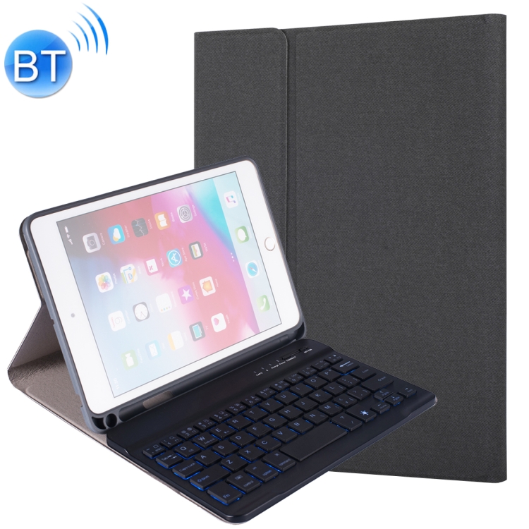 

RK405D For iPad mini 5 / 4 Backlight Version Silk Texture Detachable Plastic Bluetooth Keyboard Leather Cover with Stand & Pen Slot Function(Black)