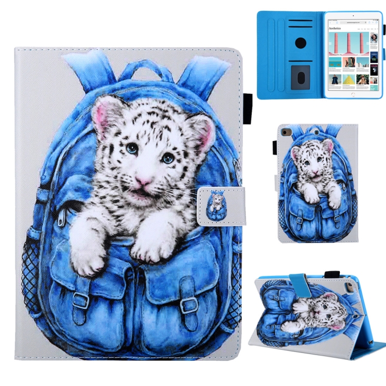 

School Bag Series White Tiger Pattern Horizontal Flip Leather Case for iPad mini 2019 & 4 & 3 & 2 & 1, with Holder & Card Slot & Sleep / Wake-up Function