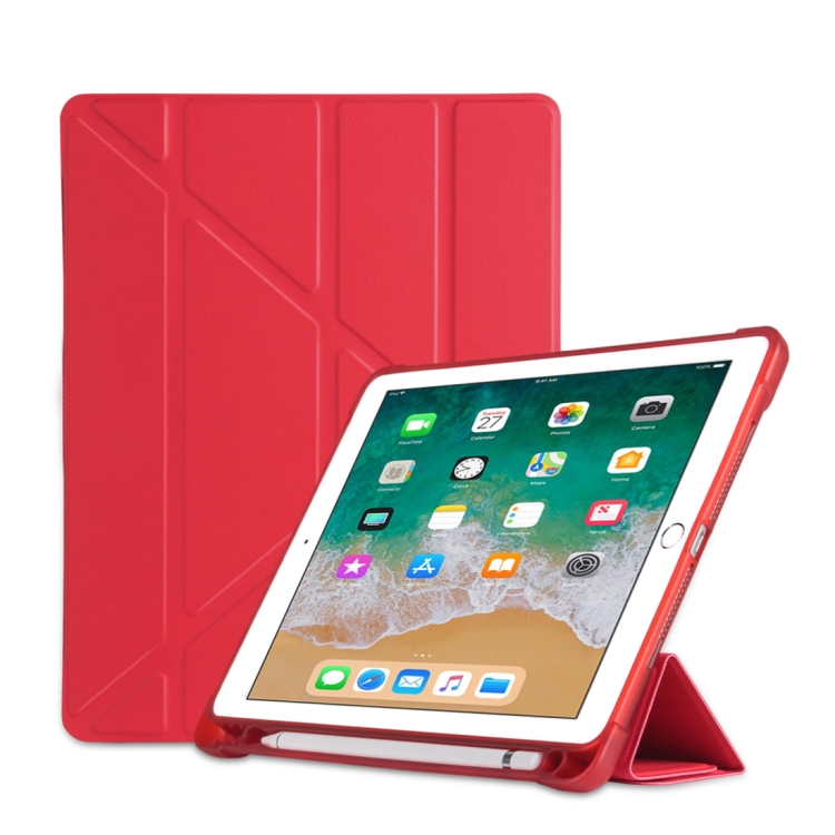 

Multi-folding Shockproof TPU Protective Case for iPad 9.7 (2018) / 9.7 (2017) / air / air2, with Holder & Pen Slot(Red)