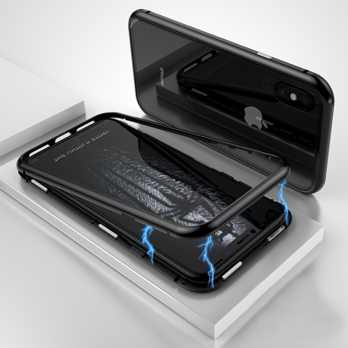 

Ultra Slim Magnetic Adsorption Metal Frame Tempered Glass Magnet Flip Case for iPhone X / XS (Black)
