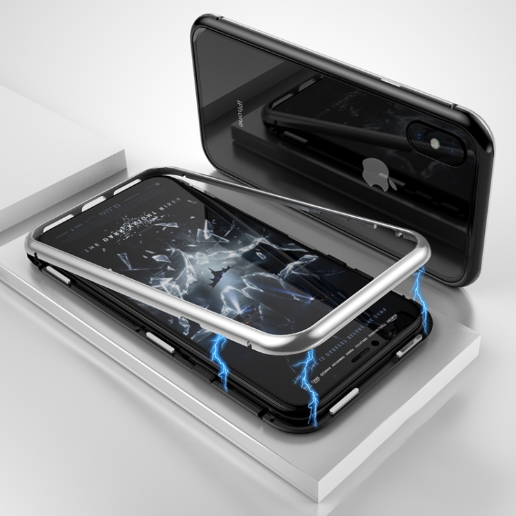

Ultra Slim Magnetic Adsorption Metal Frame Tempered Glass Magnet Flip Case for iPhone X / XS (Black + Silver)