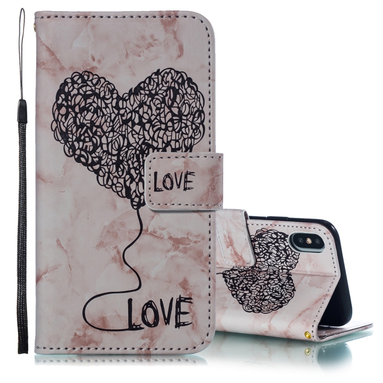 

Heart + Marble Pattern Horizontal Flip Leather Case for iPhone X / XS , with Holder & Card Slots & Wallet & Lanyard (Coffee)