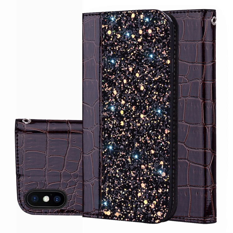 

Crocodile Texture Glitter Powder Horizontal Flip Leather Case for iPhone X / XS, with Card Slots & Holder(Black)