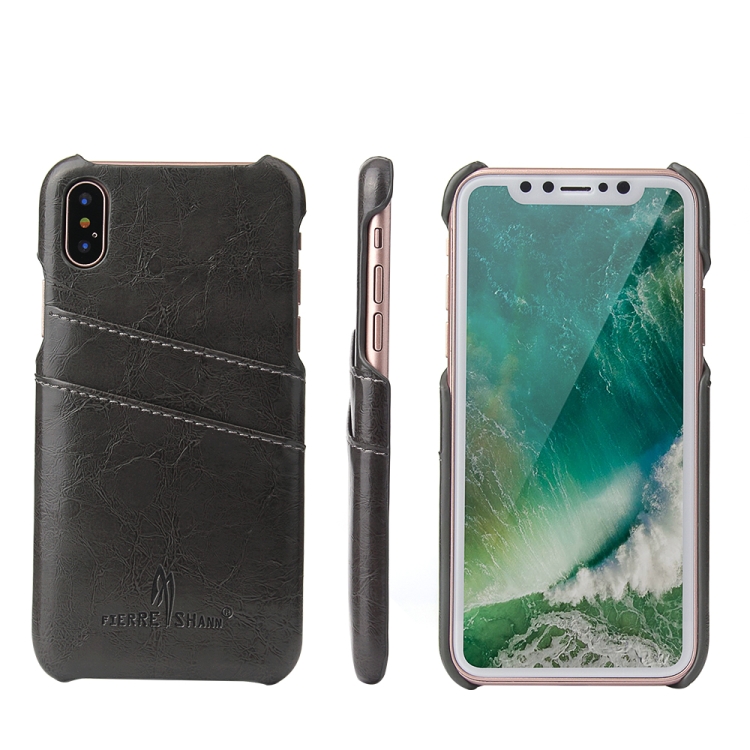 

Fierre Shann Retro Oil Wax Texture PU Leather Case for iPhone X / XS, with Card Slots(Black)