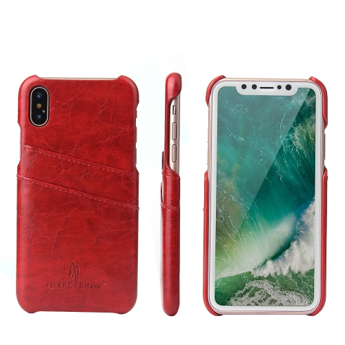 

Fierre Shann Retro Oil Wax Texture PU Leather Case for iPhone X / XS, with Card Slots(Red)