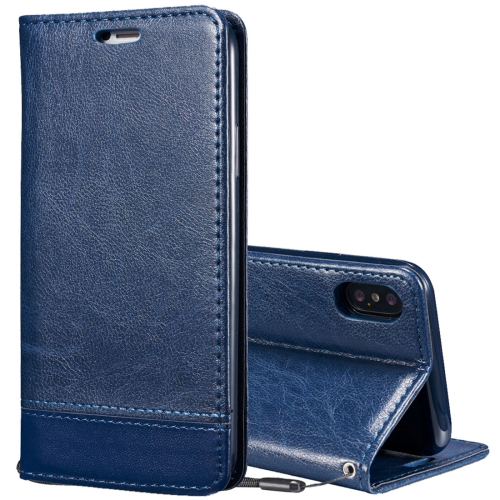 

For iPhone X / XS Double-sided Absorption Splicing Horizontal Flip Leather Case with Holder & Card Slots & Lanyard(Dark Blue)