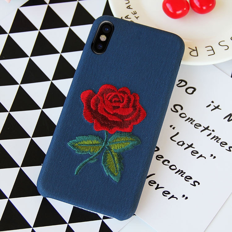 

Blue Background Embroidery Blooming Rose Pattern PU Soft Protective Case for iPhone X