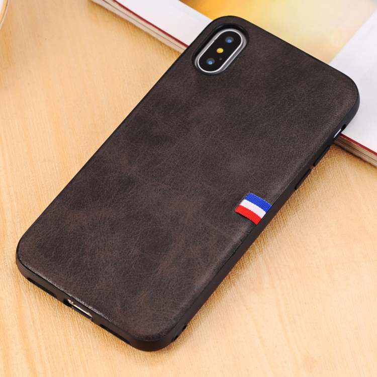 

For iPhone X / XS PU Leather Crazy Horse Texture Flag Detail Protective Back Case (Coffee)